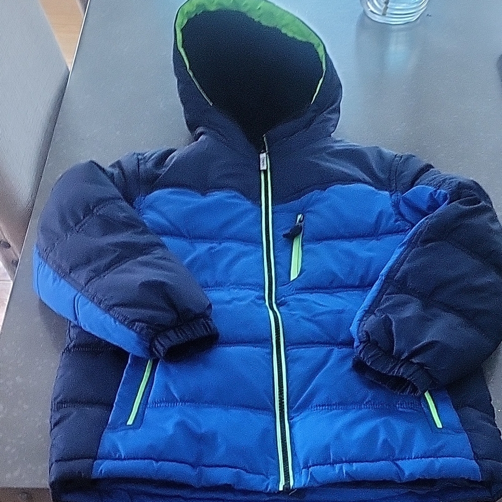 Blue and Black Hooded Jacket with Green Accents
